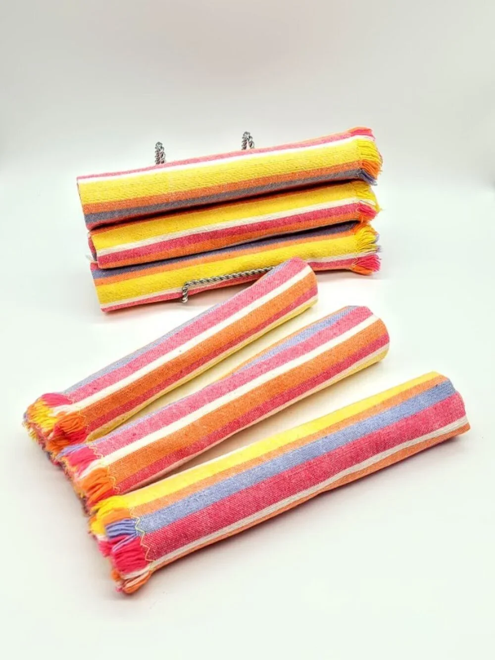 Set of 6 Striped Fringed Square Cotton Table Napkins